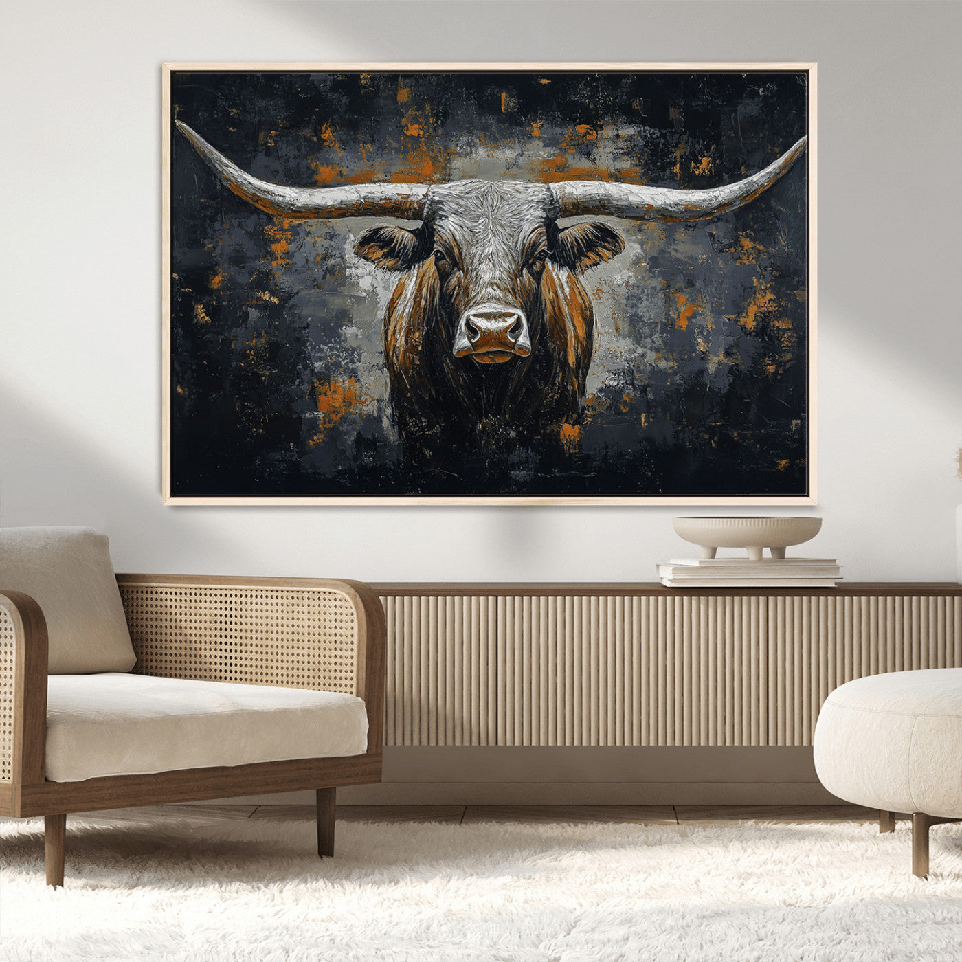 93195031-MGV-CV-36X24-Rustic Longhorn Bull Wall Art Canvas Print – Vintage Western Cattle Scene, Texas Steer Artwork for Home, Office