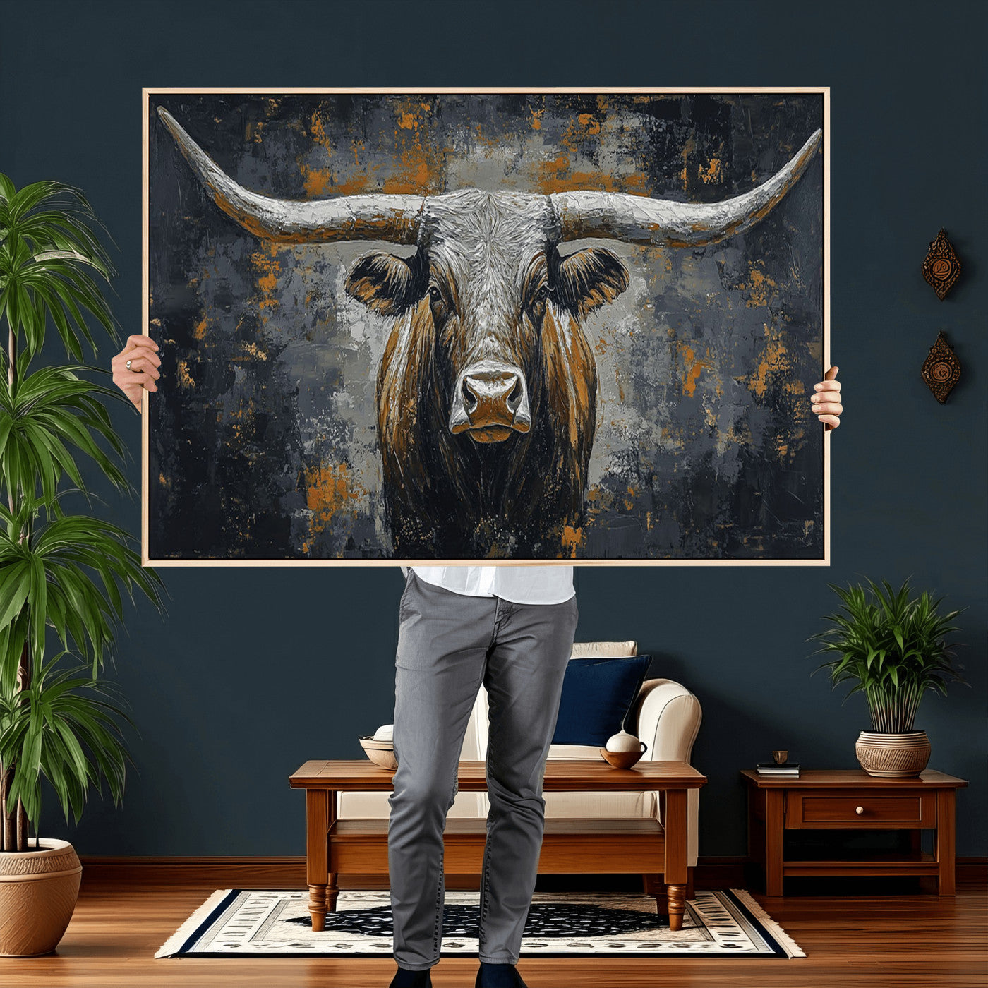 73972561-MGV-CV-36X24 - Bold Bull Wall Art Canvas – Striking Portrait with Wide Horns and Rich Brown Hues, Rustic Farmhouse and Western Decor for Home Room