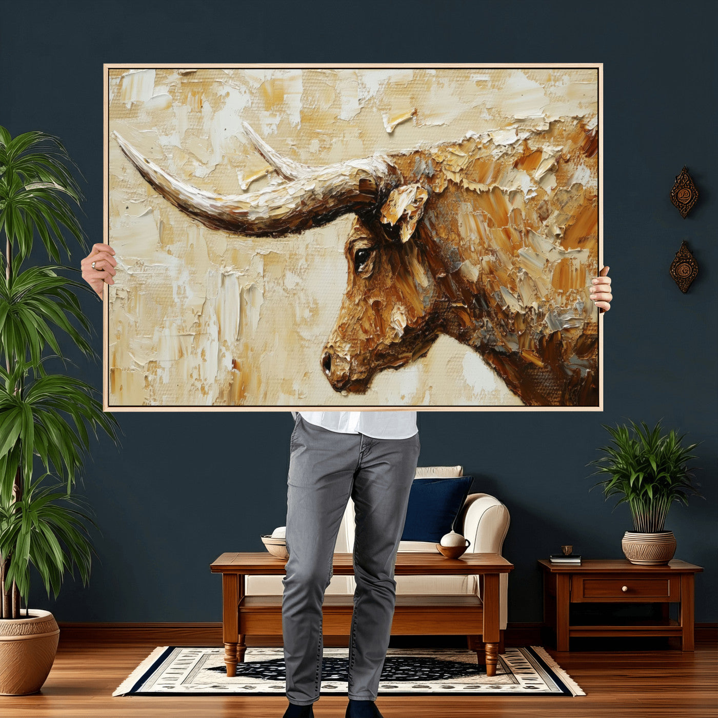 69611428-MGV-CV-36X24 - Rustic Longhorn Bull Wall Art Canvas Print – Vintage Western Cattle Painting, Texas Abstract Wall Cow Prints