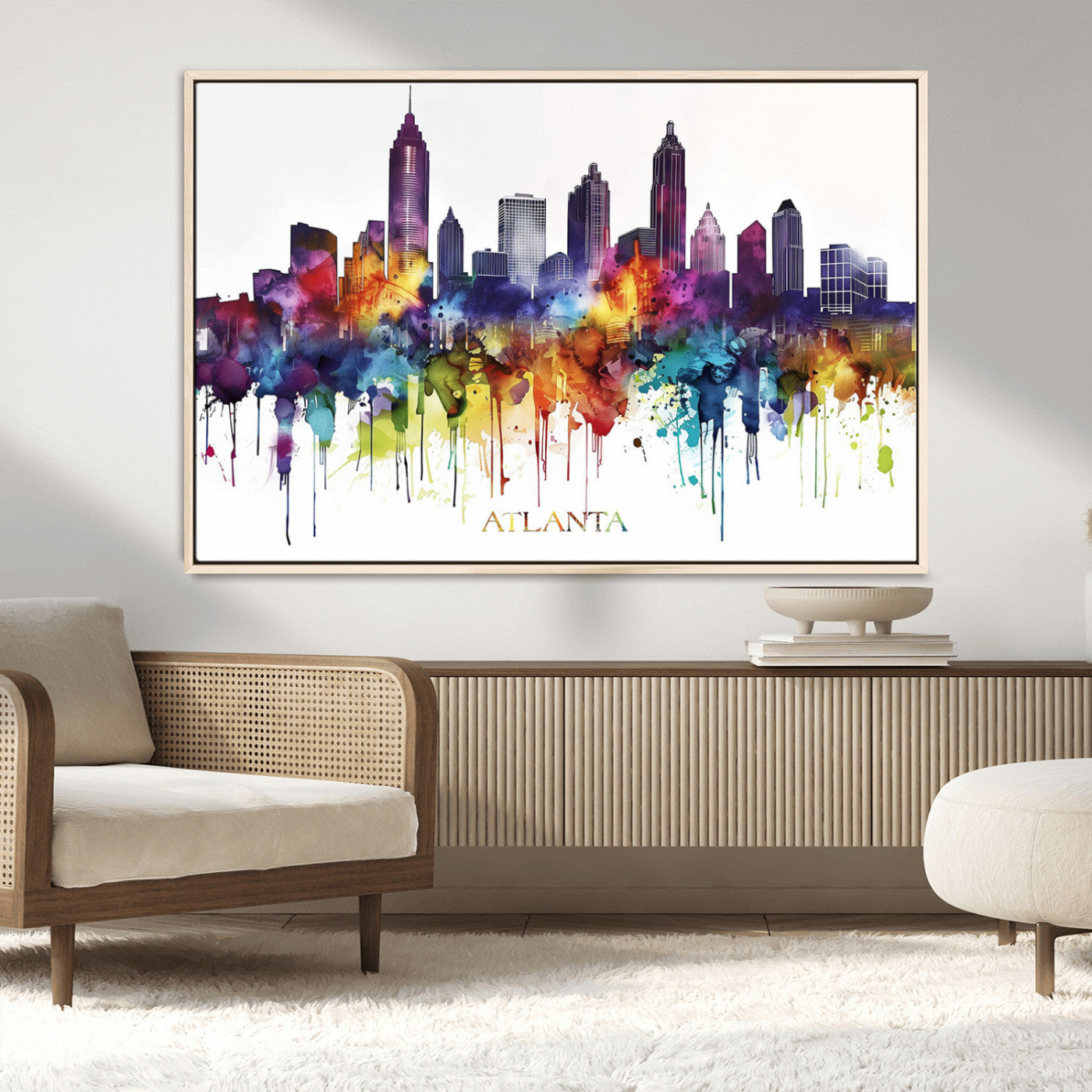 36048320-MGV-CV-36X24-Atlanta Skyline Wall Art Canvas Print – Framed Colorful Watercolor Cityscape Abstract Urban Artwork for Home, Office