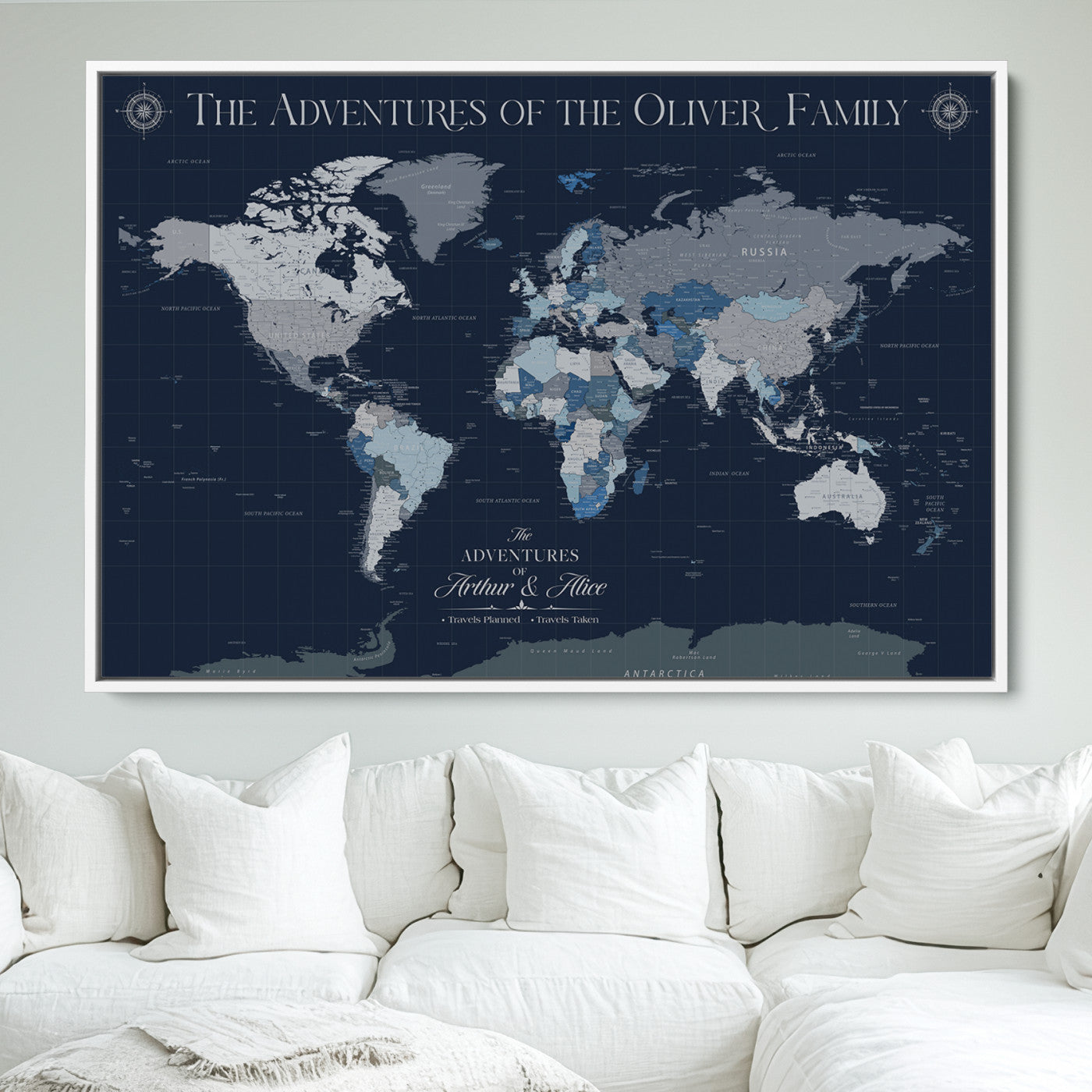 -Personalized Family Adventure World Map – Custom Framed Push Pin Travel Tracker Canvas, Elegant Wall Art for Home, Office