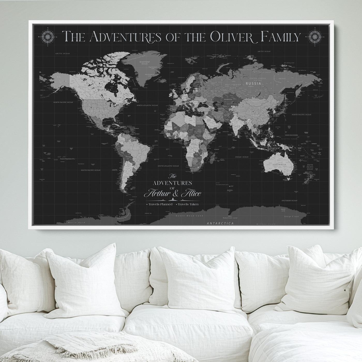 -Personalized Family World Map Canvas – Custom Framed Push Pin Travel Tracker, Modern Adventure Wall Art for Home, Office