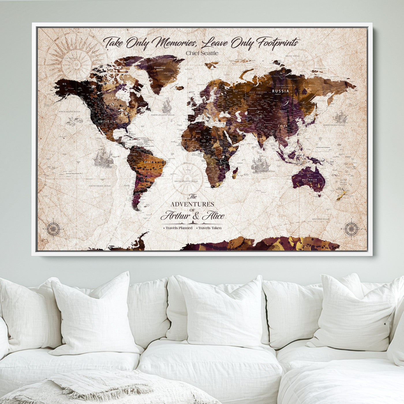 -Personalized World Map Canvas – Custom Framed Push Pin Travel Tracker, Elegant Wall Art Gift for Couples for Home, Office