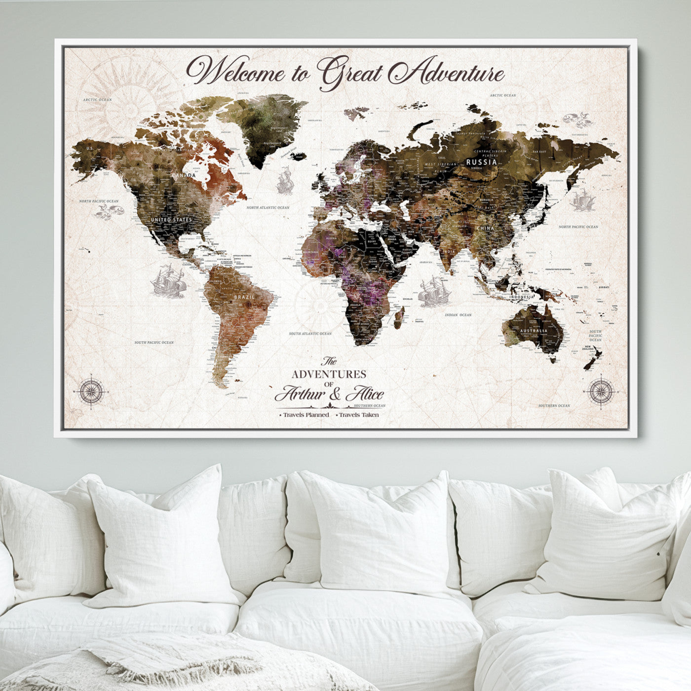 -Personalized World Map Canvas Custom Framed Push Pin Travel Tracker Vintage Adventure Wall Art Gift Couples Travelers Home, Office