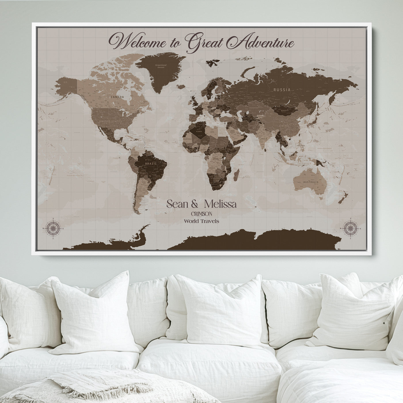 -Personalized World Map Canvas Custom Framed Push Pin Travel Tracker Modern Minimalist Wall Art Gift Couples for Home, Office