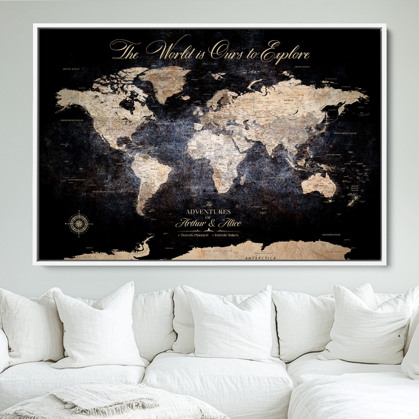 -Personalized Push Pin World Map Canvas Print Framed Custom Travel Tracker with 100 Pins Artwork for Home, Office