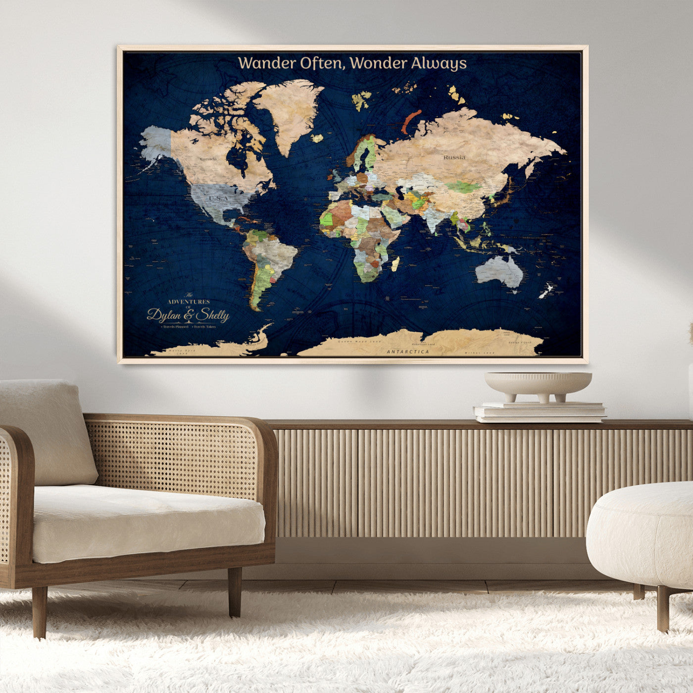 Rehber01-MGV-CV-36X24-Personalized World Map Canvas – Custom Framed Push Pin Travel Map Wall Art, Navy Blue Vintage Gift for Couples and Adventurers