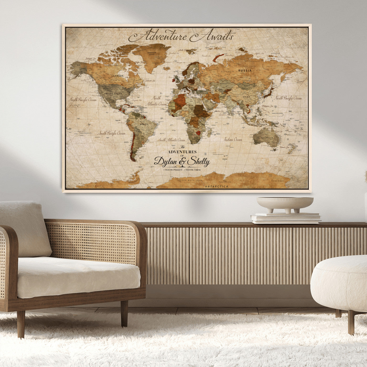 -Personalized Push Pin World Map Canvas Print – Custom Adventure Travel Map, Framed Wall Art Gift for Couples or Family