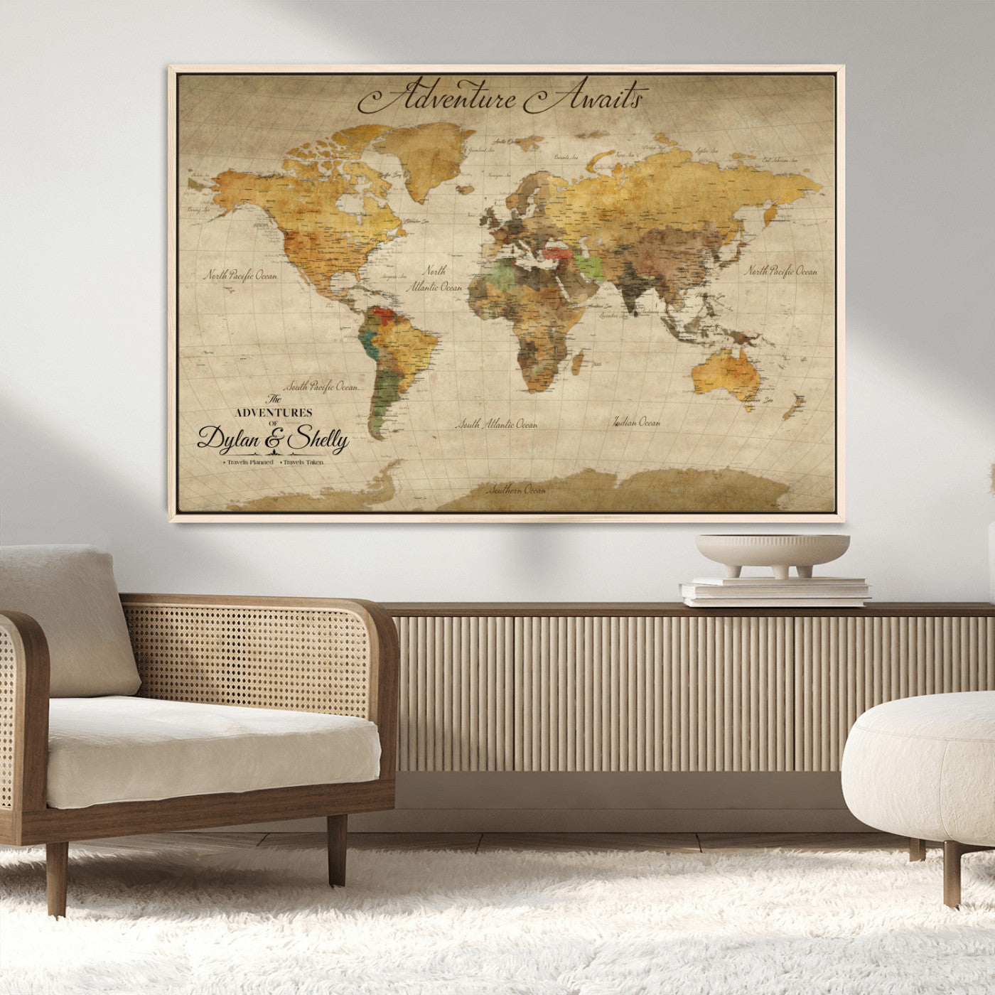 50298017-MGV-CV-36X24-Personalized World Map Canvas – Custom Framed Push Pin Travel Map Wall Art, Vintage Style Gift for Couples and Travelers