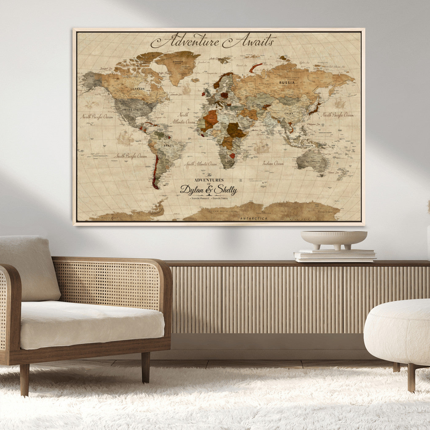 Rehber01-MGV-CV-36X24-Personalized World Map Canvas – Custom Framed Push Pin Travel Map Wall Art with Names, Vintage Style Gift for Couples