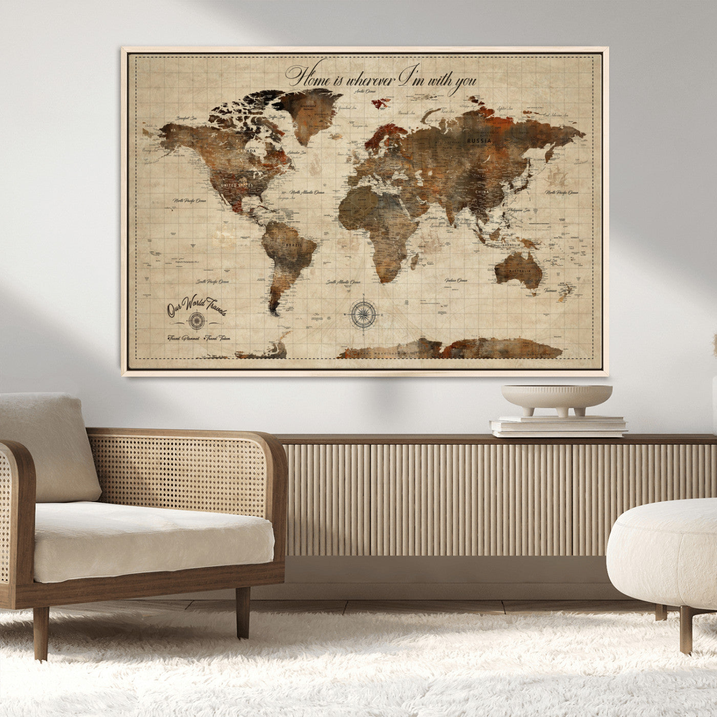 96762438-MGV-CV-36X24-Personalized World Map Print, Customizable Push Pin Framed World Map Print on Canvas - Custom Quote on Map Print