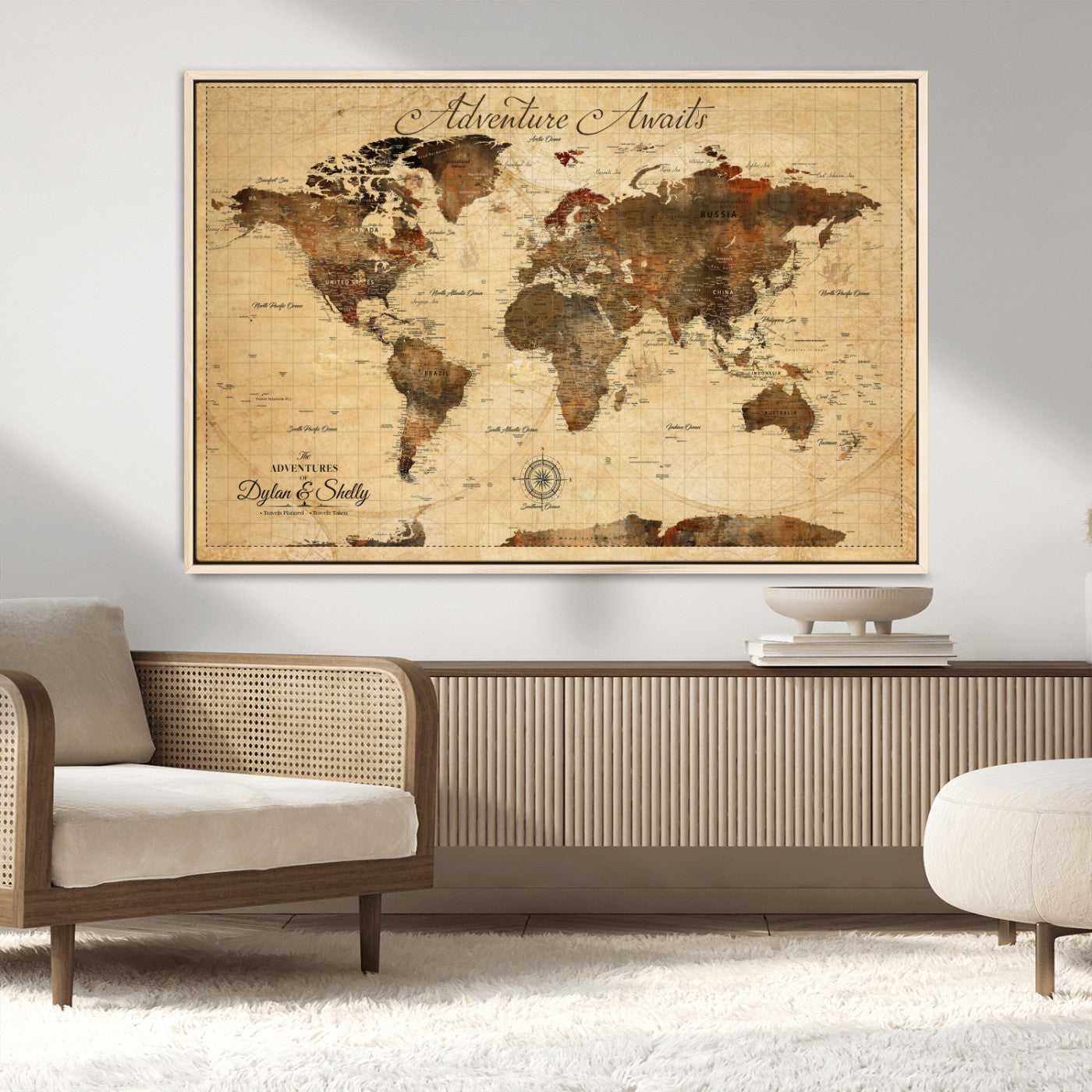 Rehber01-MGV-CV-36X24-Personalized World Map Canvas Wall Art – Custom Framed Push Pin Travel Tracker Print, Unique Gift for Home or Office Decor
