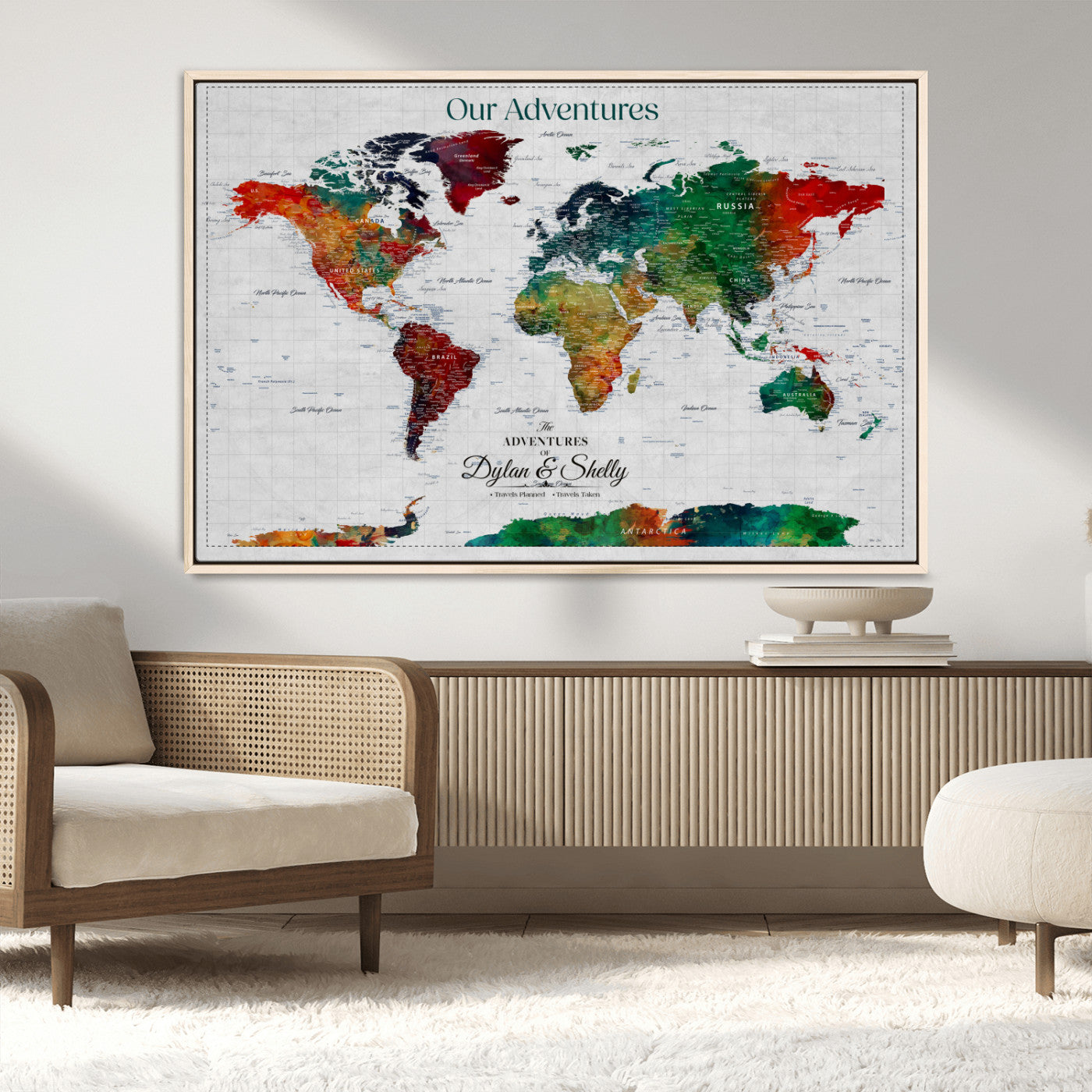 Rehber01-MGV-CV-36X24-Personalized World Map Canvas Wall Art – Custom Framed Push Pin Travel Tracker Print, Unique Gift for Home or Office Decor