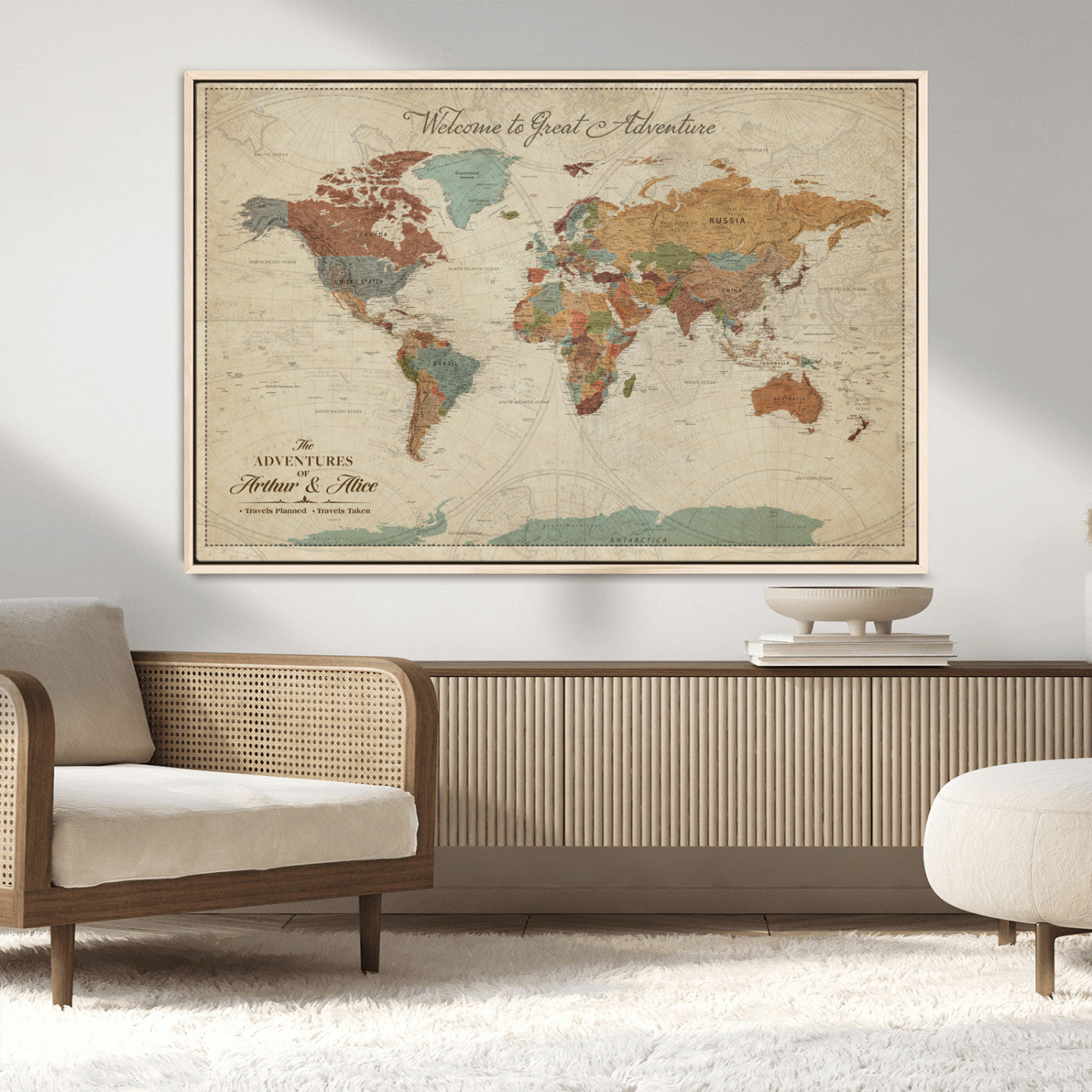 -Personalized World Map Canvas Wall Art – Custom Framed Push Pin Travel Tracker Print, Unique Gift for Home or Office Decor