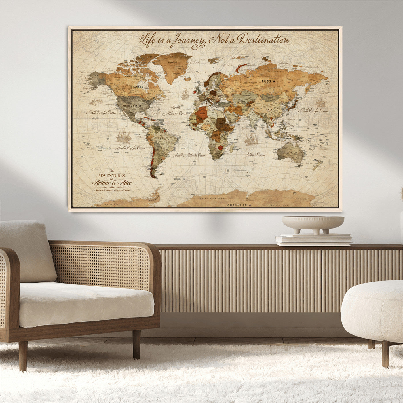 Rehber01-MGV-CV-36X24-Personalized Framed World Map Wall Art Canvas Print – Custom Push Pin Travel Tracker Handcrafted USA for Home Office
