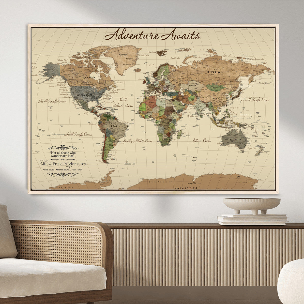 31875069-MGV-FC-36X24 - Customizable Push Pin World Map Wall Canvas Print – Personalize Travel Tracker with Pins – Framed Custom Quotie Canvas for Home Office Decor