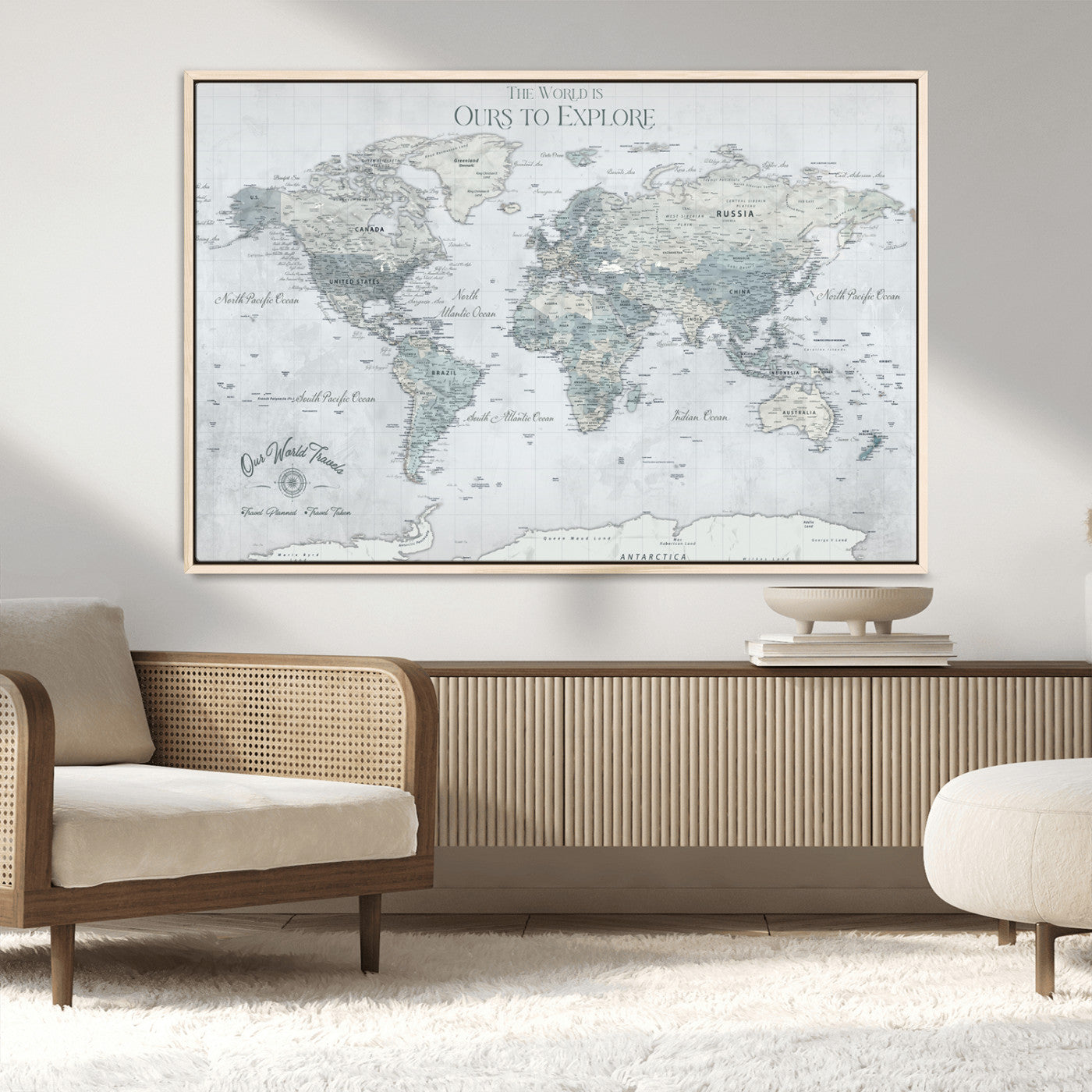 Rehber01-MGV-CV-36X24-Personalized Push Pin World Map Canvas Print – Custom Framed Travel Tracker Wall Art Large Map Artwork for Home, Office