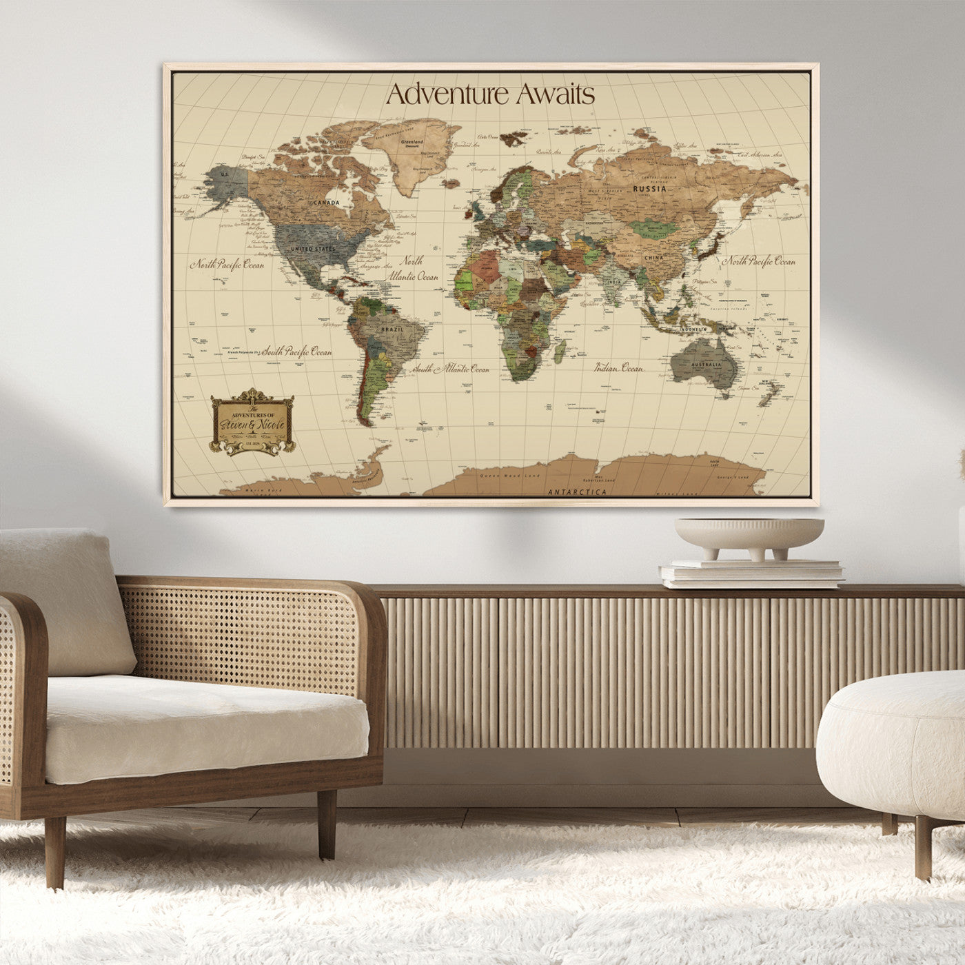Rehber01-MGV-CV-36X24-Custom Push Pin World Map Wall Art Canvas Print – Personalized Travel Tracker Adventure Destination Gift for Home Office