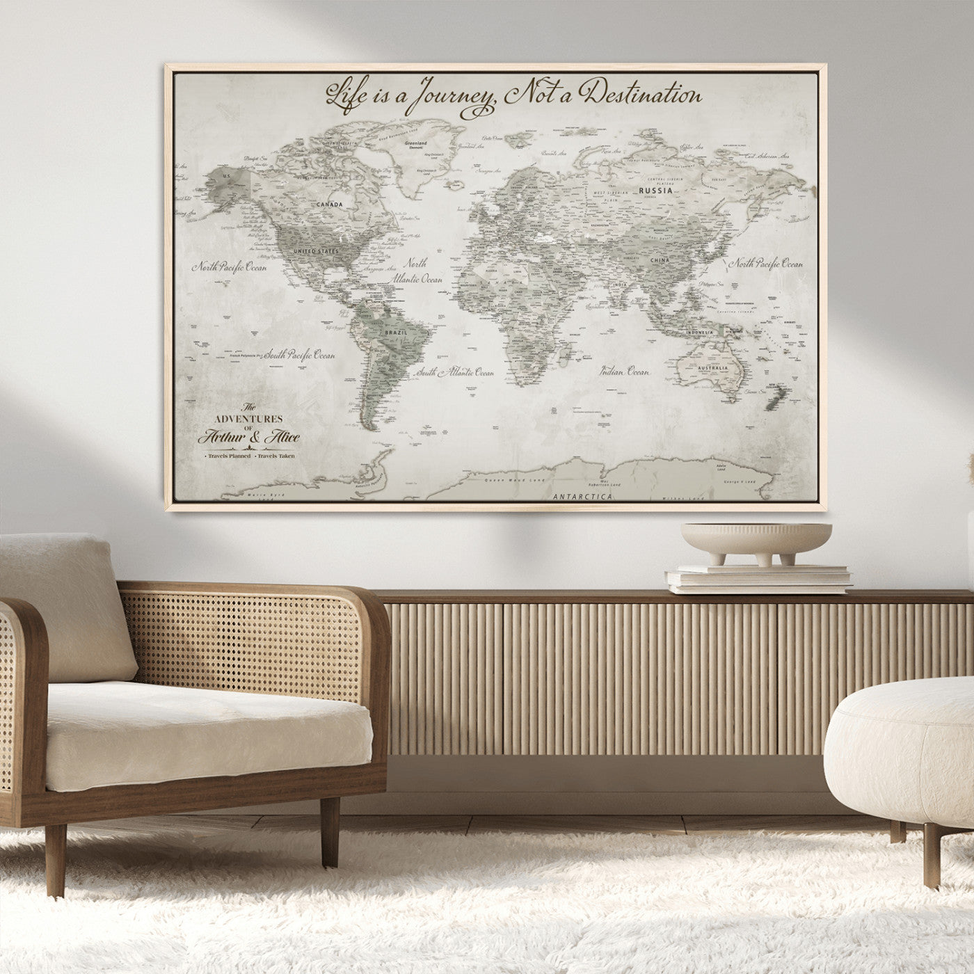 11398637-MGV-CV-36X24-Personalized Vintage World Map Canvas Print – Framed Push Pin Travel Tracker Neutral Elegant Artwork for Home, Office