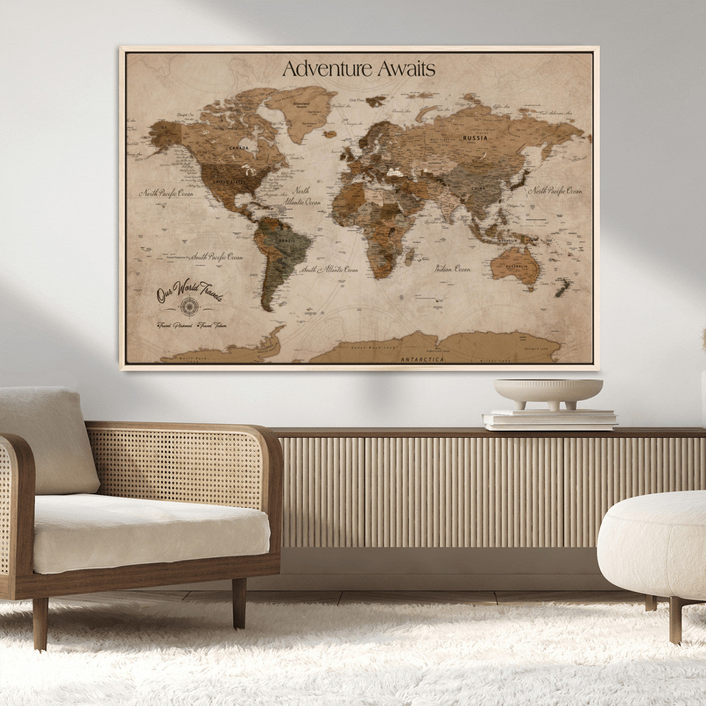 Rehber01-MGV-CV-36X24-Personalized Framed World Map Wall Art Canvas – Custom Push Pin Travel Map with 100 Pins Foam Backing for Home Office