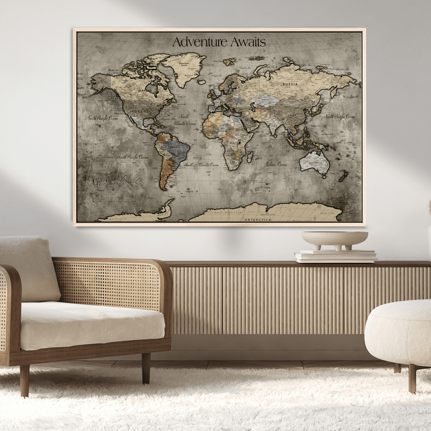 -Tree Rings Wall Art Canvas Print, Framed Wood Texture Art Picture Print, Blue Grain Perfect Rustic