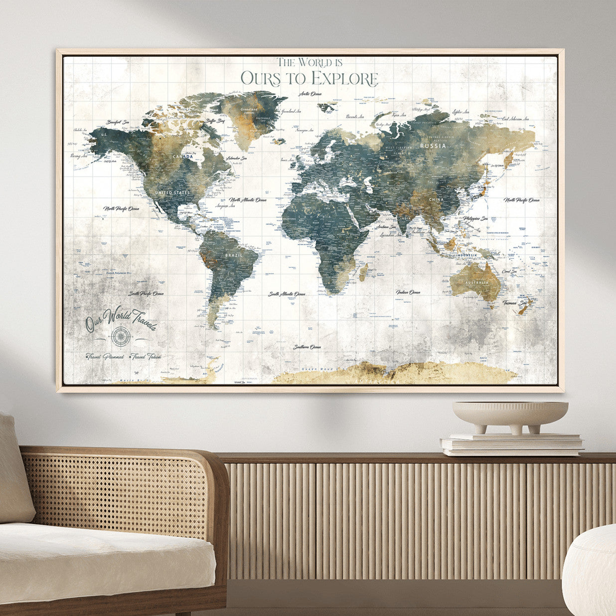 14988581-MGV-FC-36X24 - Custom Push Pin World Map Wall Canvas Print – Personalized Travel Tracker with Pins – Framed Custom Quotie Canvas for Home Office Decor