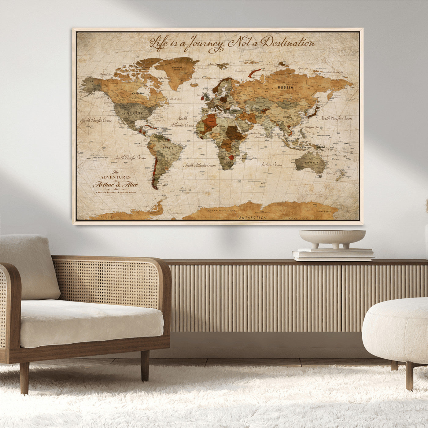 Rehber01-MGV-CV-36X24-Personalized Vintage World Map Canvas – Custom Framed Push Pin Travel Map Wall Art, Rustic Gift for Couples and Travel Lovers
