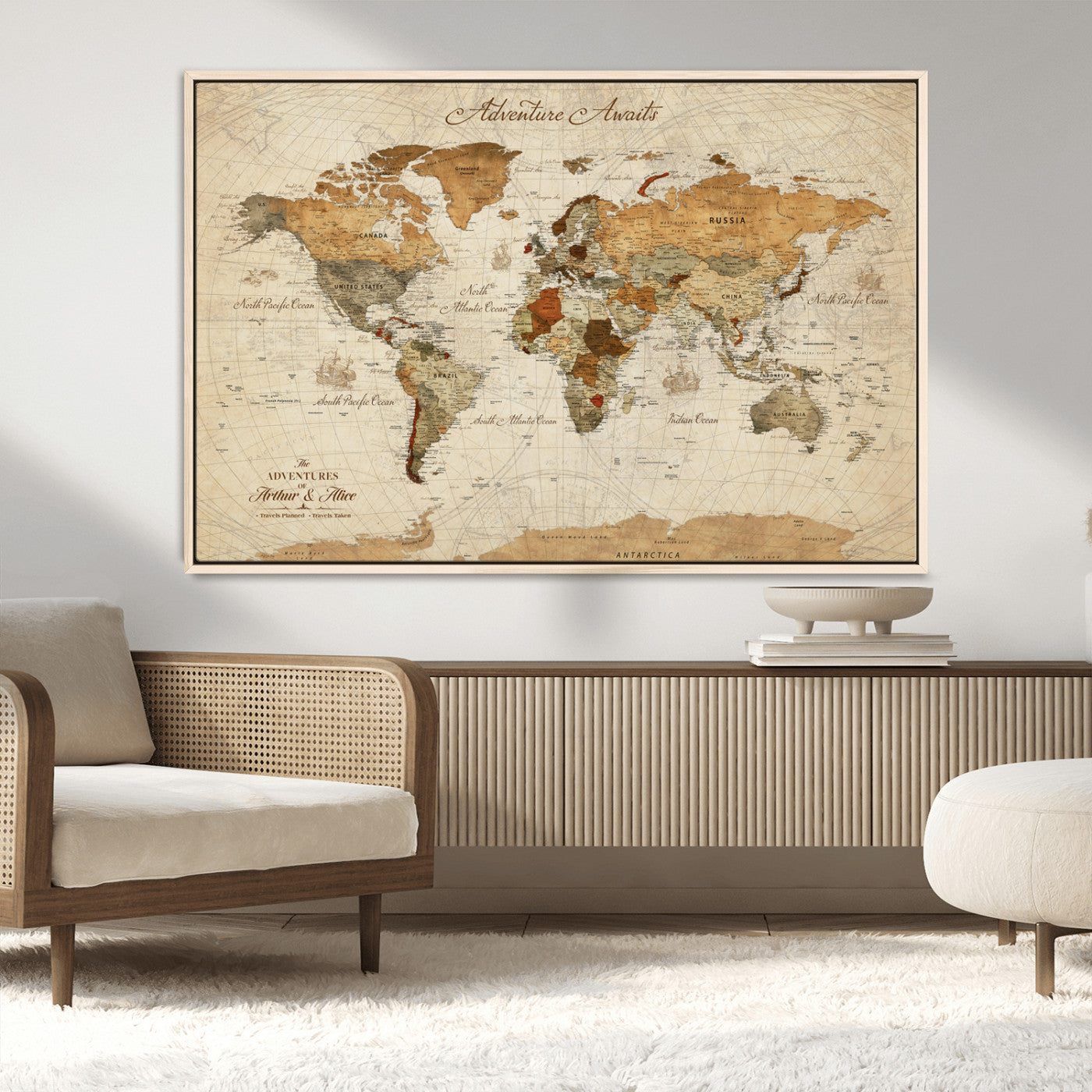 Rehber01-MGV-CV-36X24-Customizable Framed World Map Canvas Print – Personalized Push Pin Travel Map Gift for Couples Explorers for Home, Office