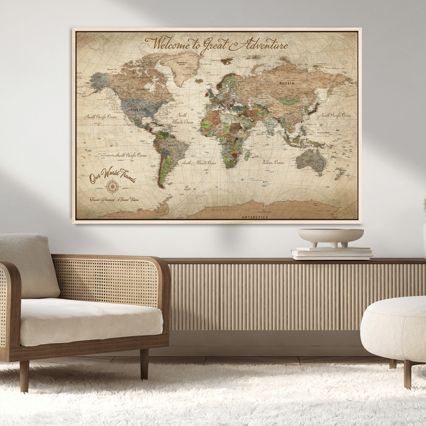-Personalized Antique World Map Canvas Print – Custom Push Pin Travel Tracker Vintage Adventure Gift for Couples for Home, Office