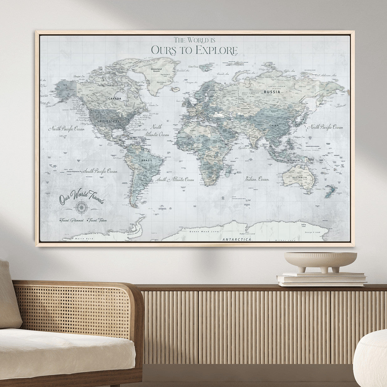 73654056-MGV-FC-36X24 - Personalized Push Pin World Map Canvas Print – Custom Framed Travel Tracker Artwork for Couples or Home Decor