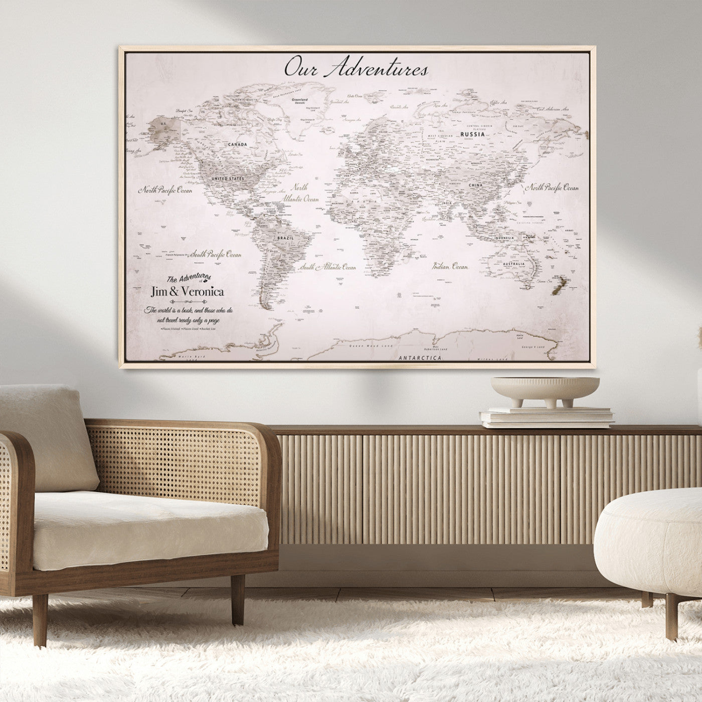 -Customize Push Pin World Map Wall Art Canvas Print – Personalized Travel Map with Foam Pins Framed for home, office