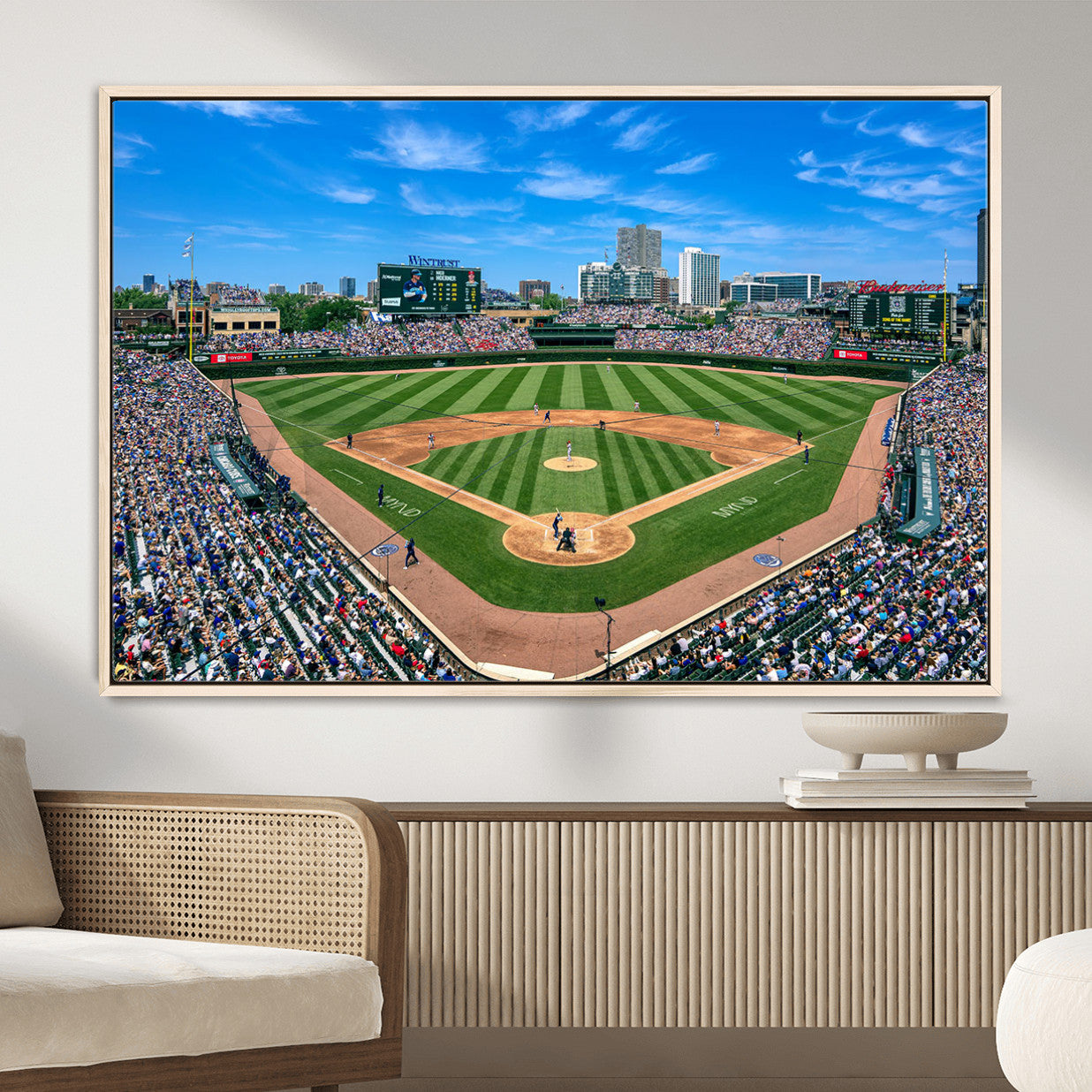 35800083-MGV-FC-36X24 - Wrigley Field Baseball Stadium Canvas Wall Art – Packed Crowd Sports Stadium City Skyline Artwork for Home Office