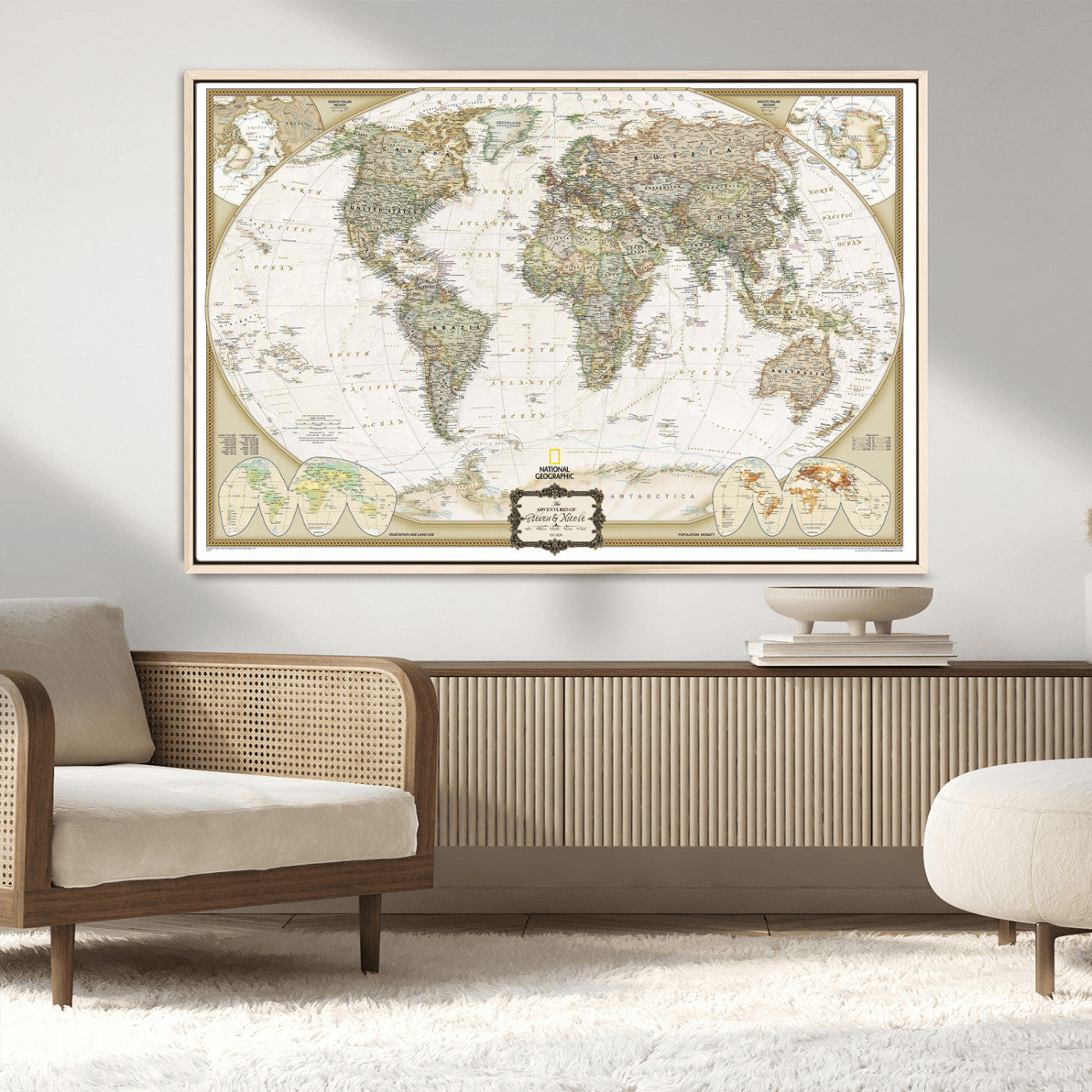 -World Map Wall Art Canvas – National Geographic Style Framed Map Print, Elegant Educational Wall Decor for Home, Office