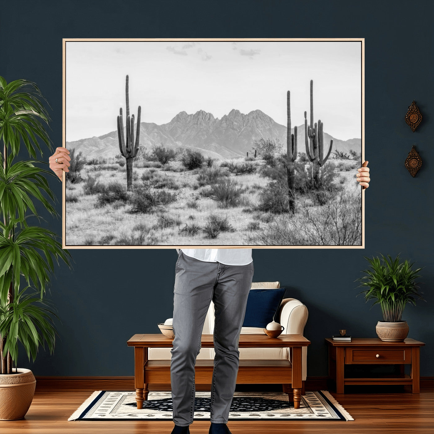 97436PHN-MGV-CV-36X24 - Black White Arizona Desert Canvas Wall Art Cactus Farmhouse Wall Art