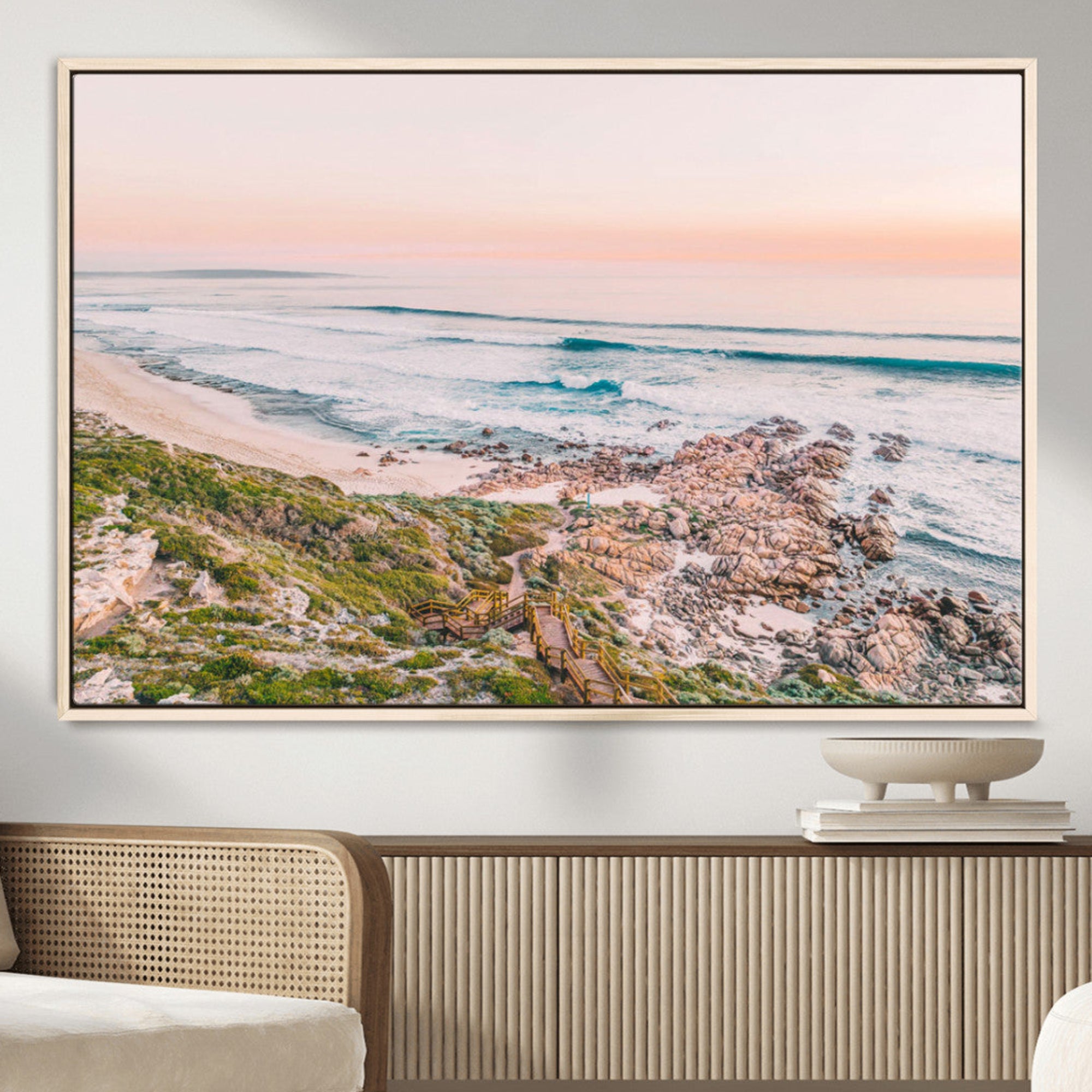 27332135-MGV-CV-36X24-Coastal Cliffside Wall Art Canvas Print, Ocean Shore Landscape with Waves and Rocks Artwork for Home, Office