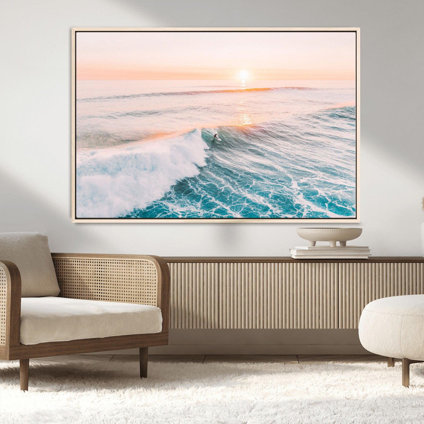 34064591-MGV-CV-36X24 - Sunset Surfing Wall Art Canvas Print, Ocean Wave Surfer with Golden Sky Artwork for Home, Office, Living Room