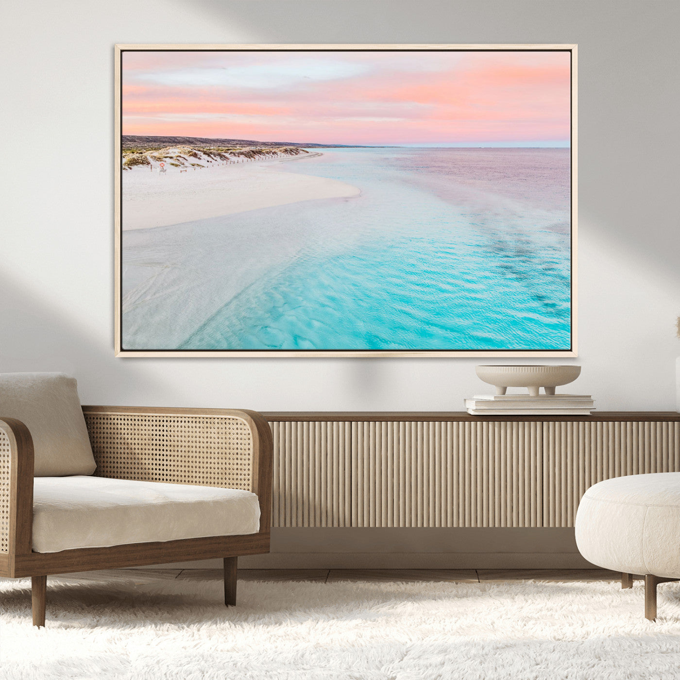41613614-MGV-CV-36X24-Serene Pastel Beach Wall Art Canvas Print, Tranquil Coastal Sunset with Soft Ocean Hues Artwork for Home, Office