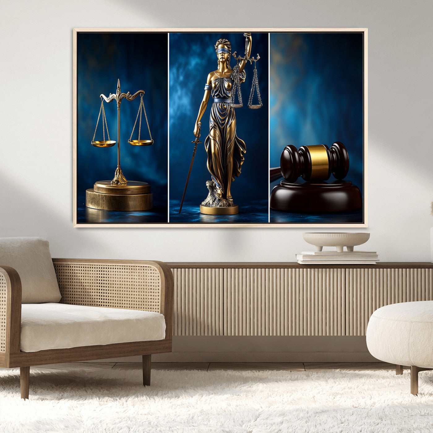 87750525-MGV-CV-36X24-Justice Scales Statue Wall Art, Lady Justice Sculpture Canvas Print, Legal Law Decor, Courtroom