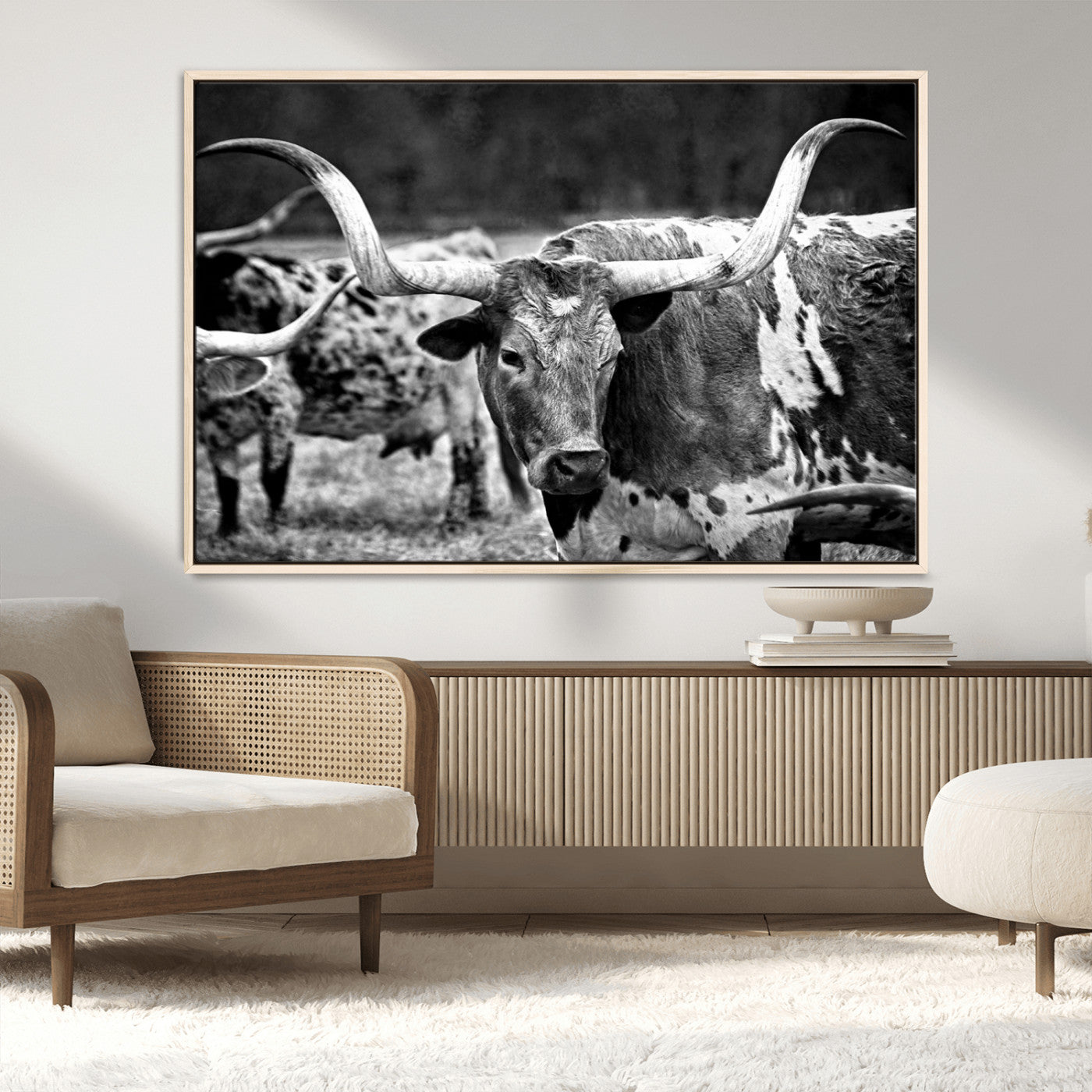 15425553-MGV-CV-36X24-Black & White Longhorn Cattle Wall Art, Rustic Farmhouse Decor, Western Country Canvas Print, Vintage Livestock Photography, 1 Panel Canvas