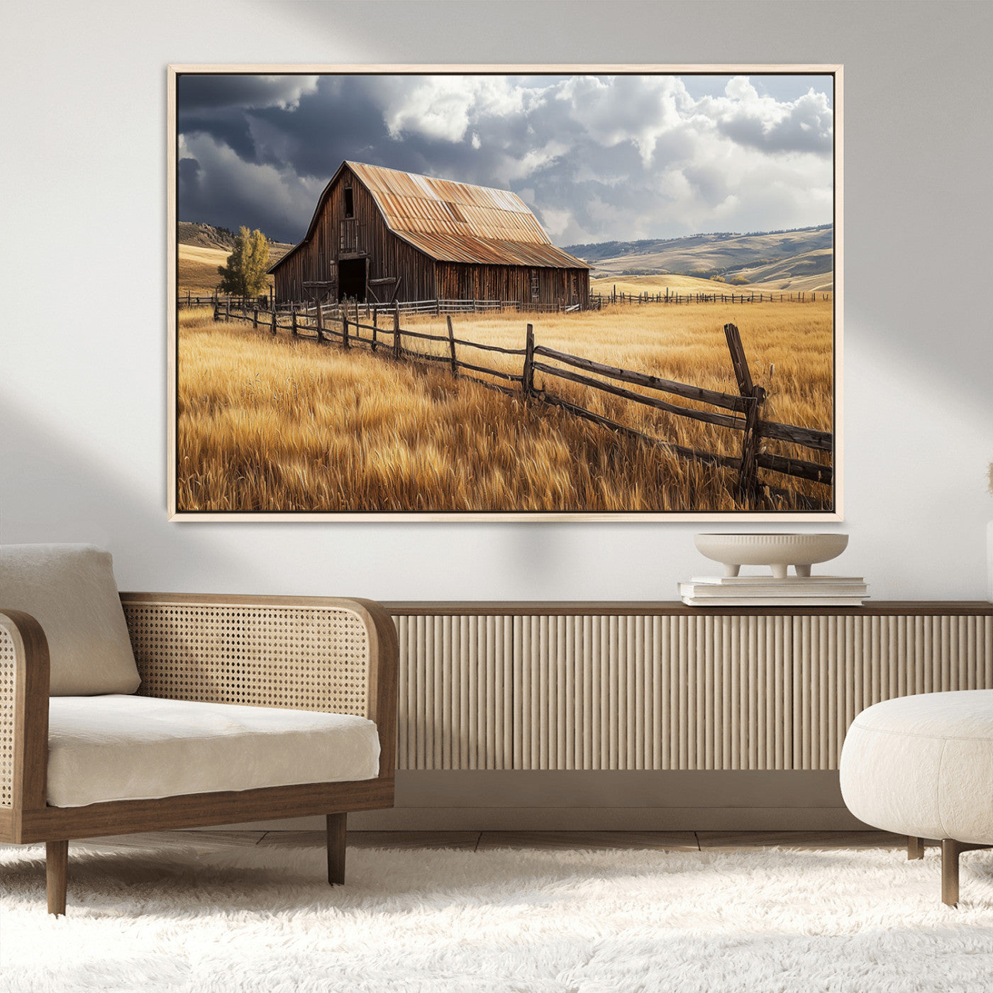 23718739-MGV-CV-36X24-Golden Wheat Field Barn Wall Art Canvas Print, Rustic Farm Landscape Under Dramatic Sky Decor for Home, Office