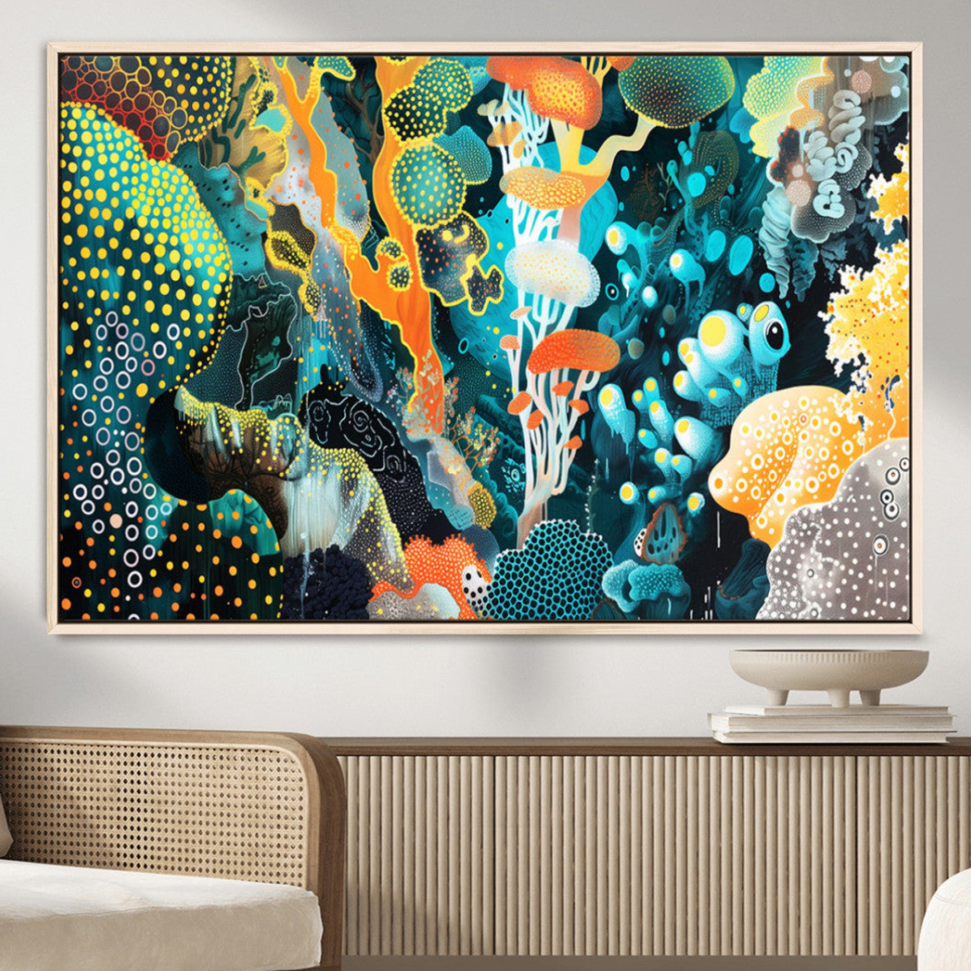 Colorful abstract coral reef scene featuring vibrant underwater plants, marine patterns, and fluid organic shapes – Wall Art Canvas Print.