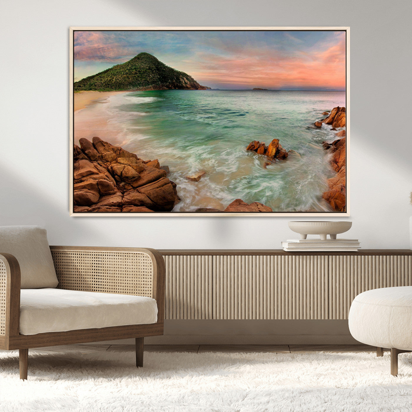 53831025-MGV-CV-36X24-Stunning Coastal Landscape with Rocky Shore and Green Hills at Sunset – Beautiful Ocean View Wall Art Canvas Print for Serene Home Decor.