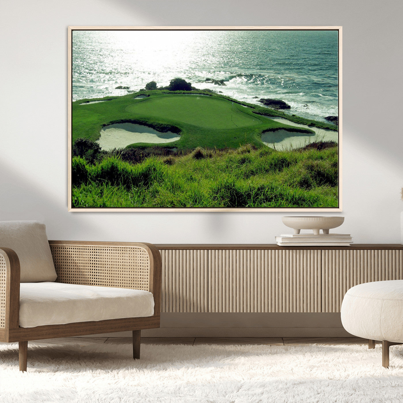 -Coastal Golf Course Wall Art Canvas Print – Scenic Green Surrounded by Sand Bunkers and Ocean Waves Artwork for Home, Office