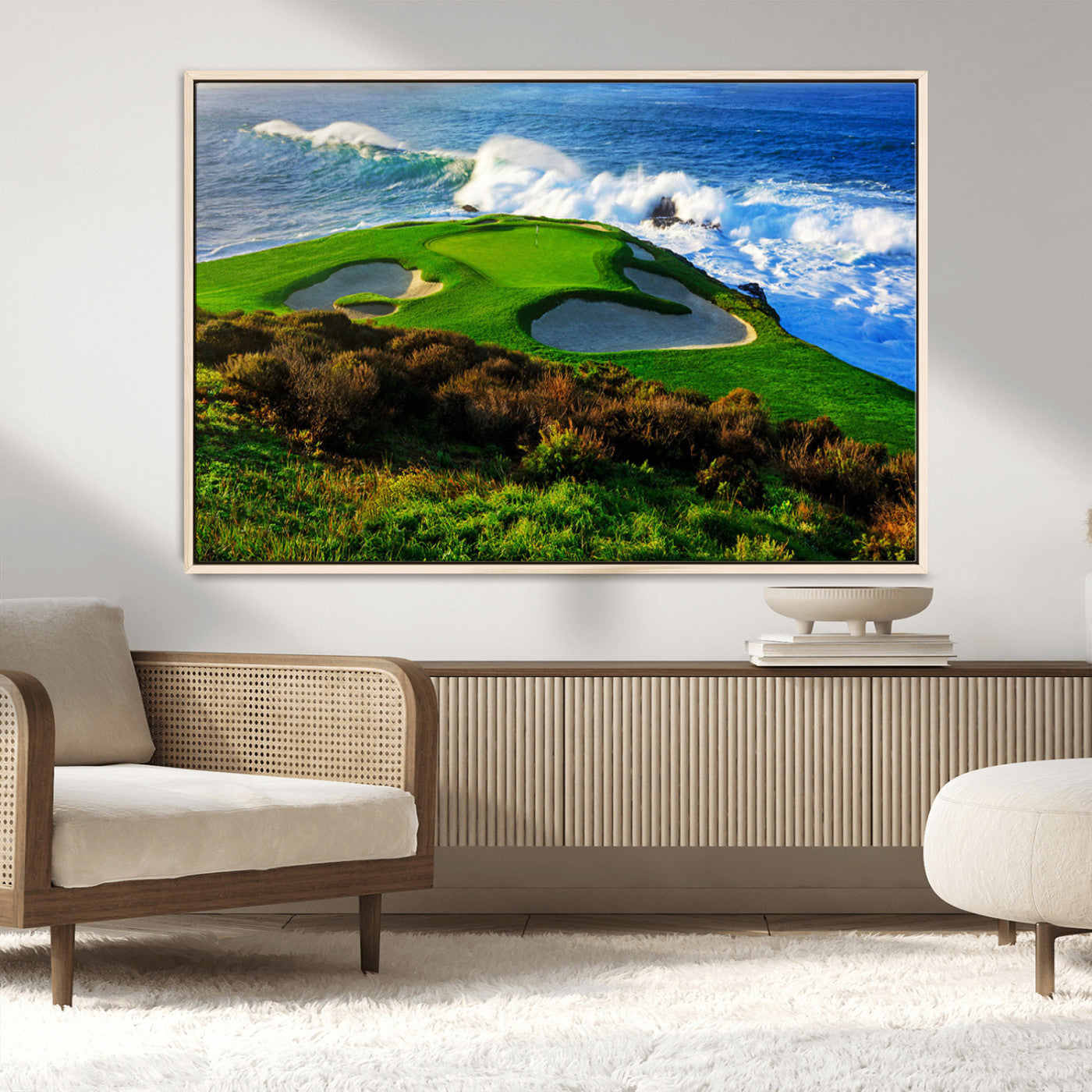 34181847-MGV-CV-36X24-Coastal Golf Course Wall Art Canvas Print – Vibrant Green with Sand Bunkers Overlooking Ocean Waves Artwork for Home, Office