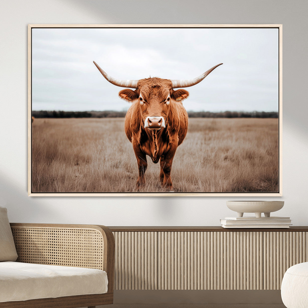 16316734-MGV-FC-36X24 - Longhorn bull, open field, rustic charm, natural beauty, Wall Art Canvas Print, countryside,