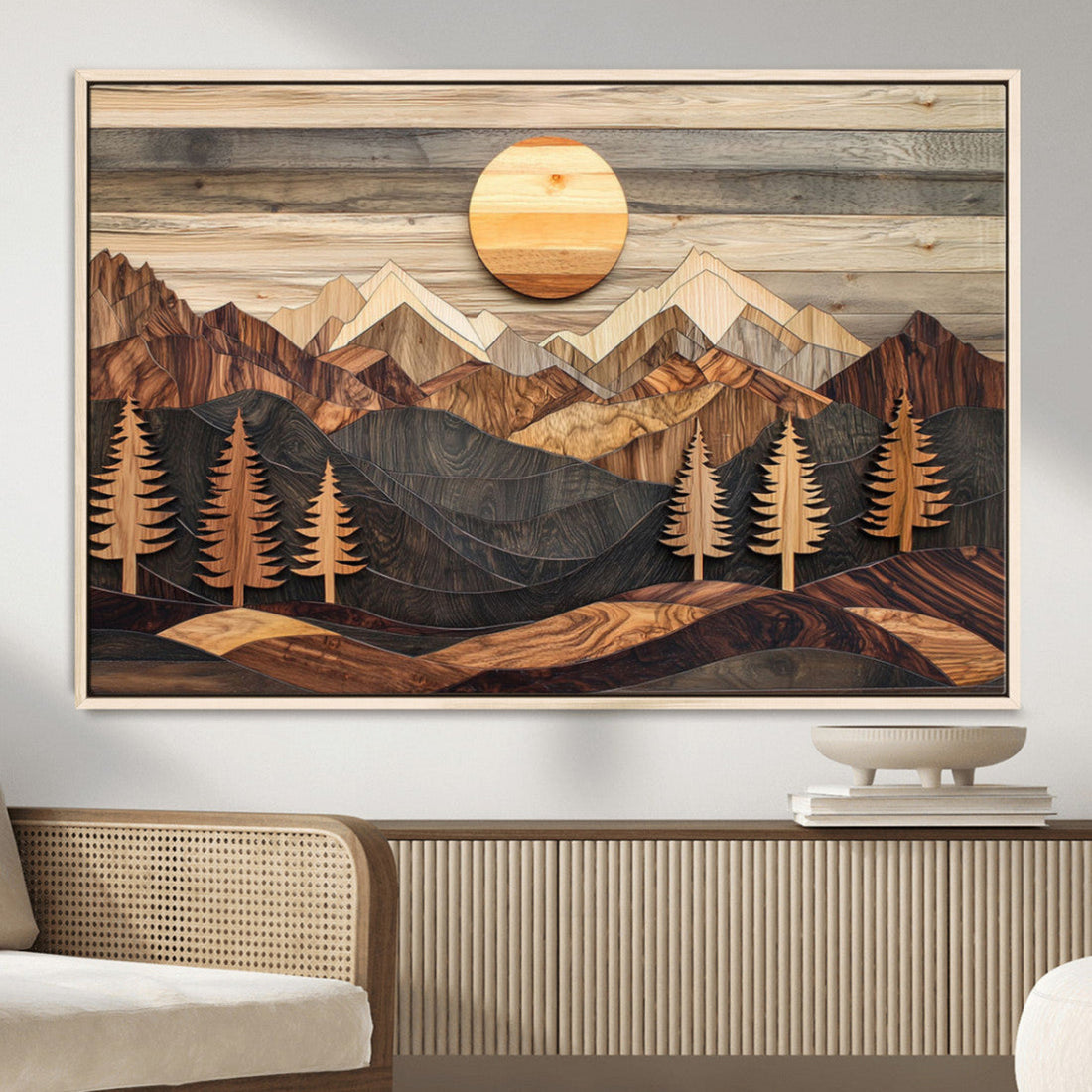 Wooden Mountain Layers Art | Rustic Pine Tree Landscape