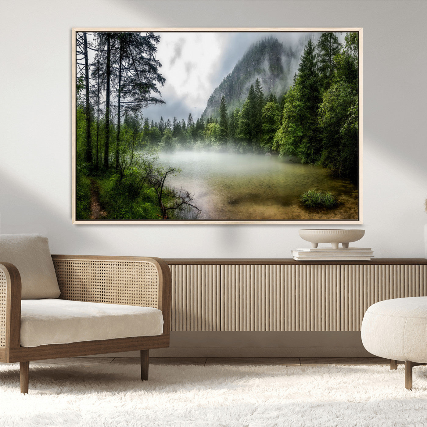 93123937-MGV-CV-36X24-Misty Lake Forest Green Trees Calm Water Reflection Mountain Fog Nature Landscape Outdoor Scenic Beauty Wall Art Canvas Print