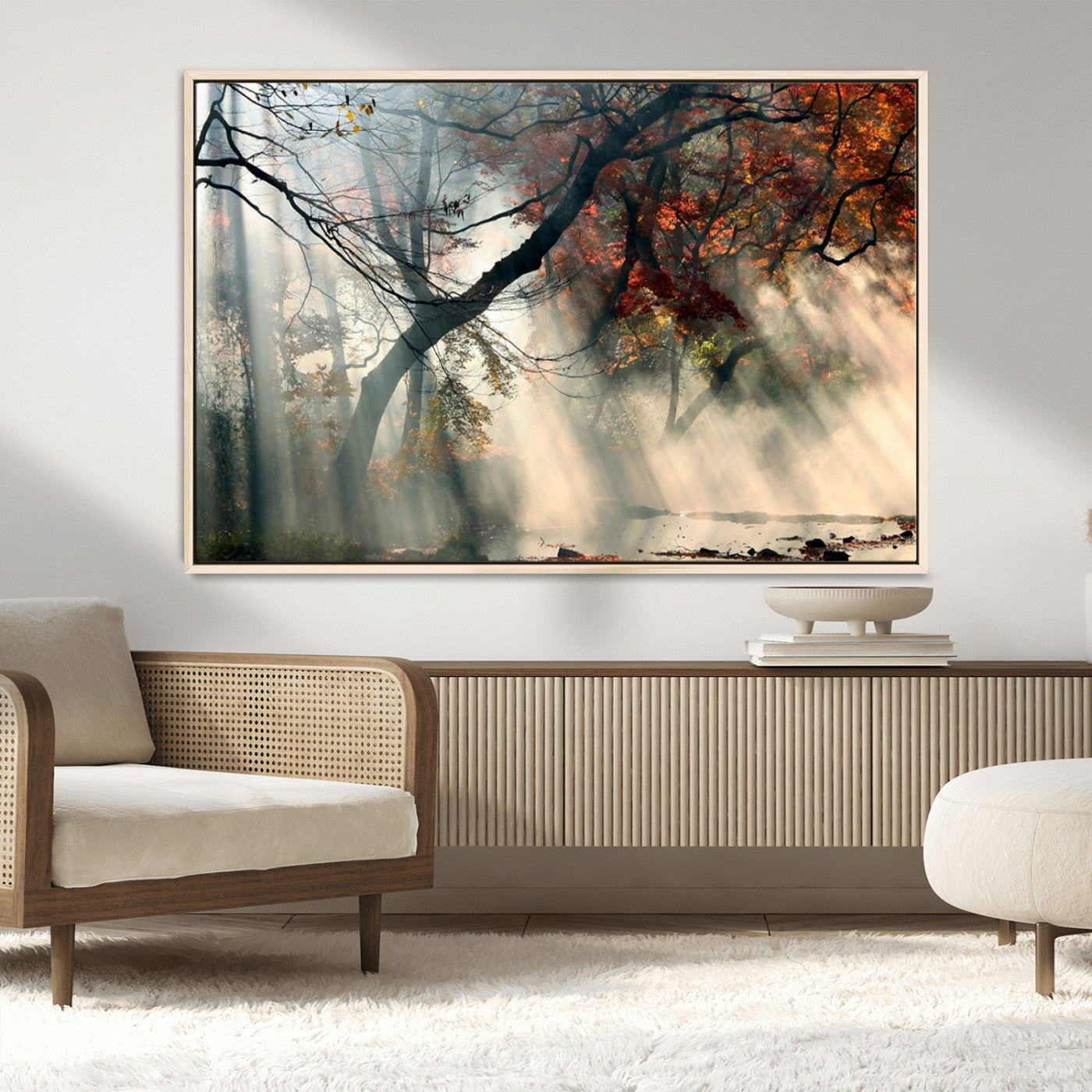 36043878-MGV-CV-36X24-Sunlit Autumn Forest Wall Art Canvas Print – Framed Mist Trees Scene with Peaceful Rays Artwork for Home, Office