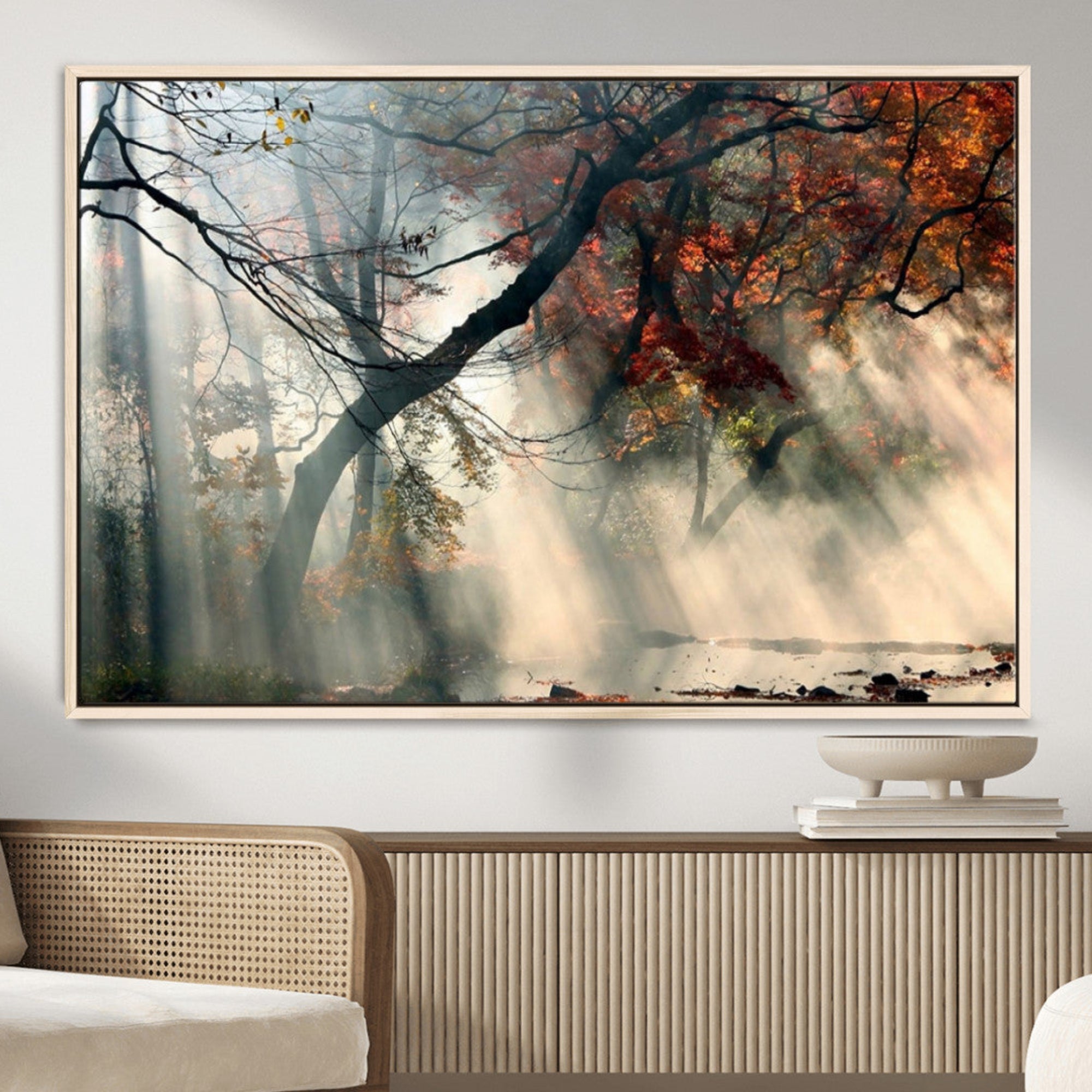 36043878-MGV-CV-36X24-Sunlit Autumn Forest Wall Art Canvas Print, Misty Trees with Golden Rays and Peaceful Morning Landscape Decor for Home, Office