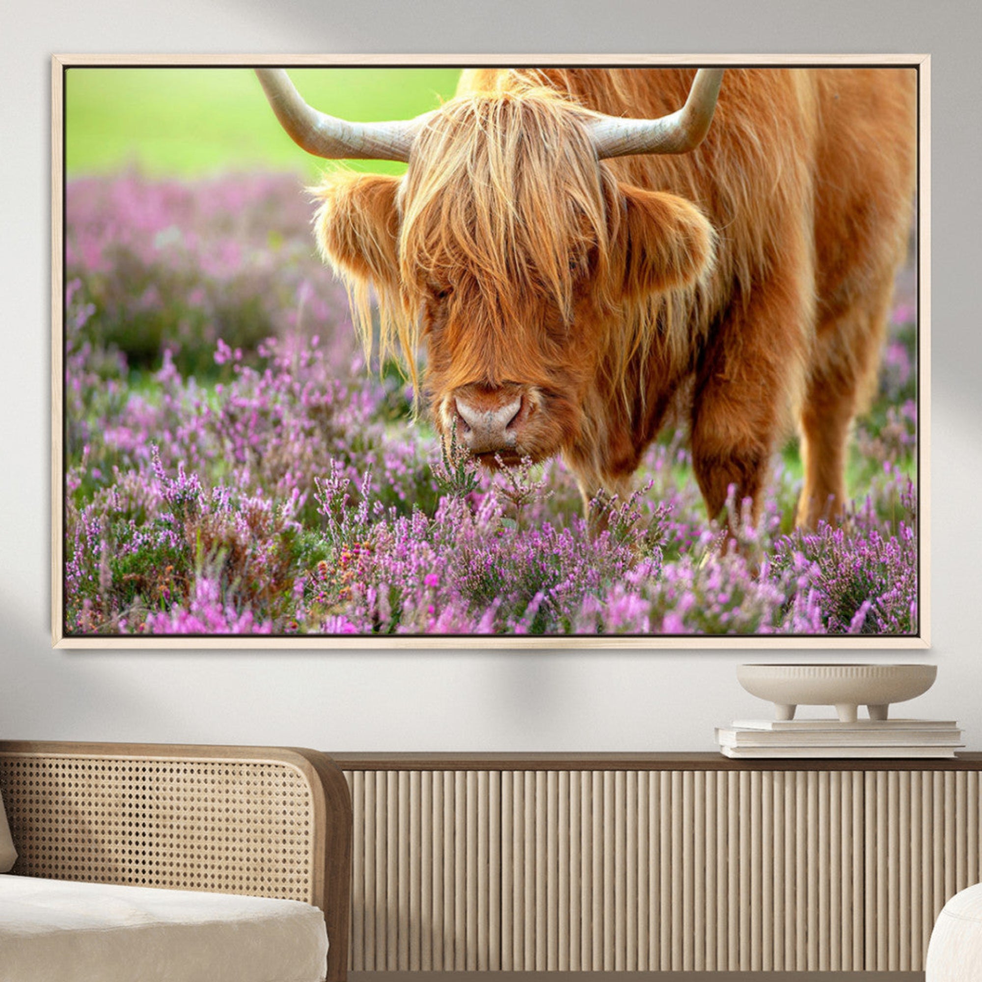 64069351-MGV-CV-36X24-Highland Cow Purple Flowers Nature Pasture Scenic Wildlife Animal Grazing Meadow Calm Rustic Charm
